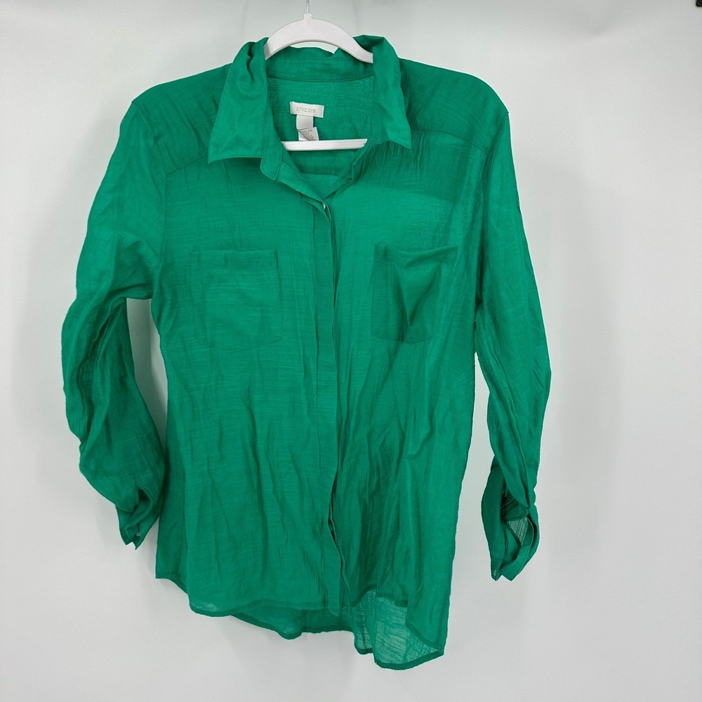 Chicos Women Minimalist Gauzy Top Size 2 US L Green Travel Office Coastal Resort